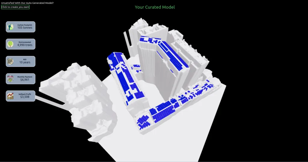 EtaGen 3D model of a building with solar panels placed on its roofs