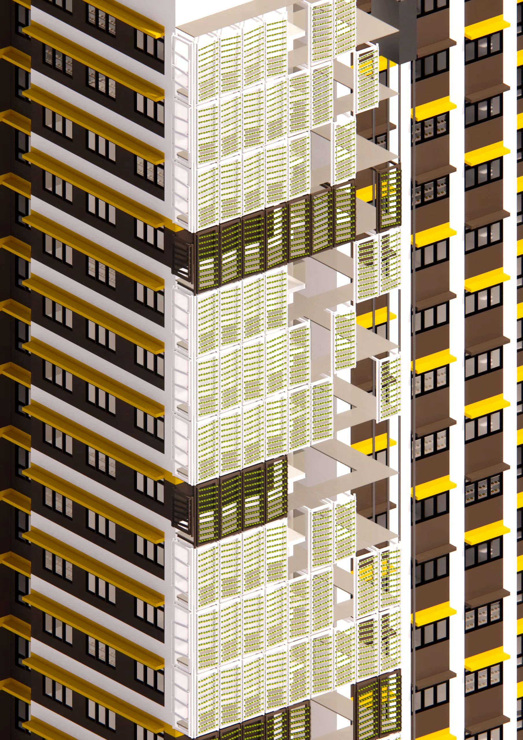 Render of vertical farming panels stacked along the facade of an HDB block